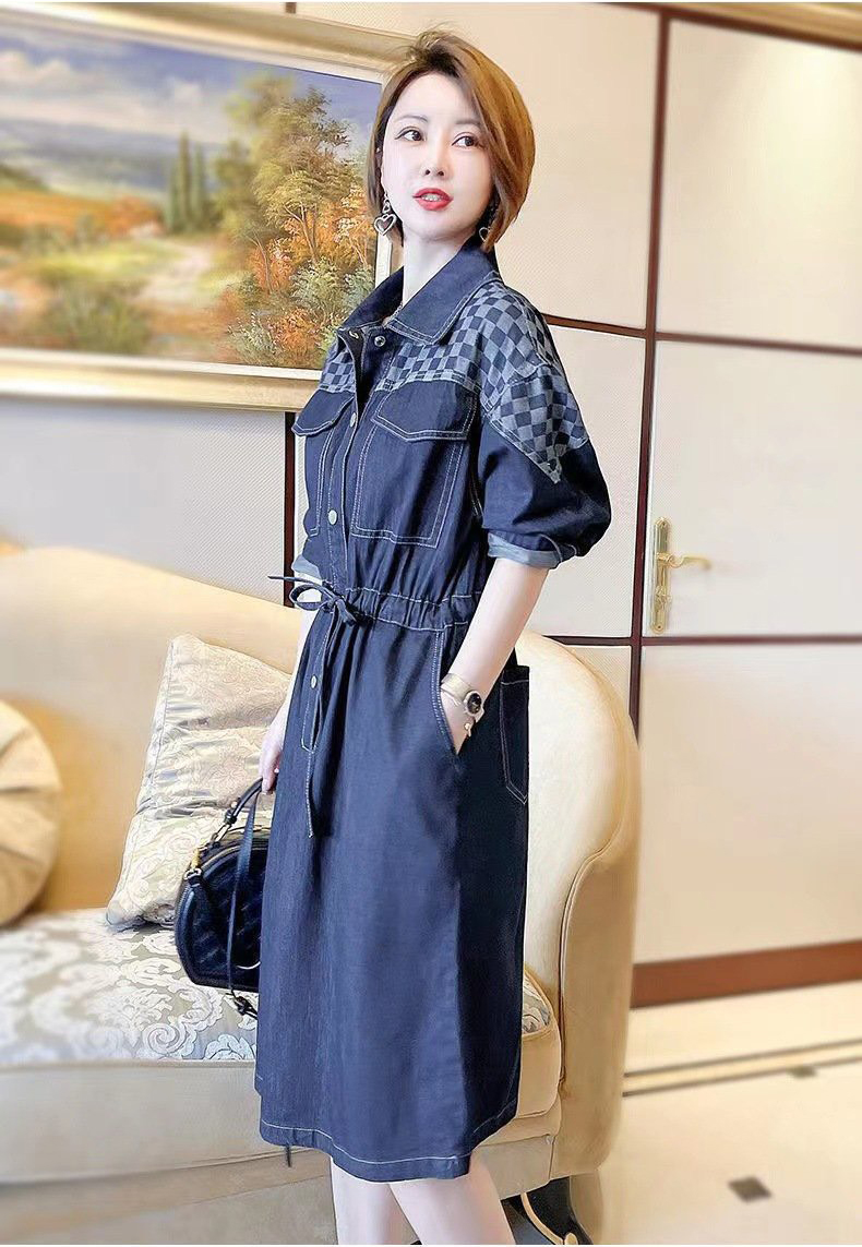 ĐẦM JEAN DENIM DÁNG XÒE CỔ SƠ MI PHỐI CARO
